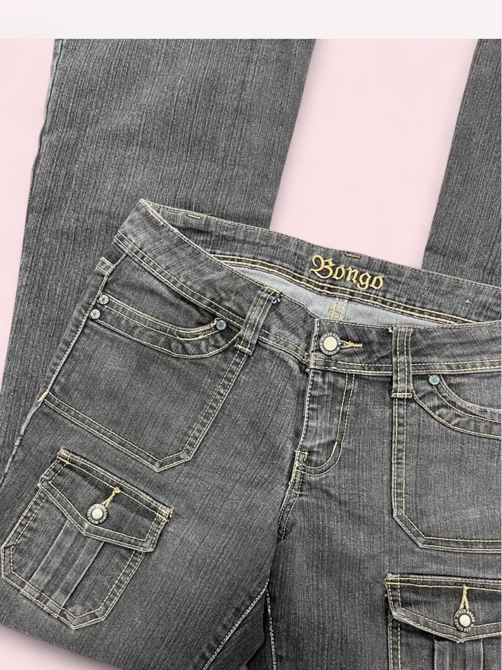 BONGO Y2K Women's Low Rise Charcoal Flare Jeans with Cargo Pockets - Picture 6 of 8